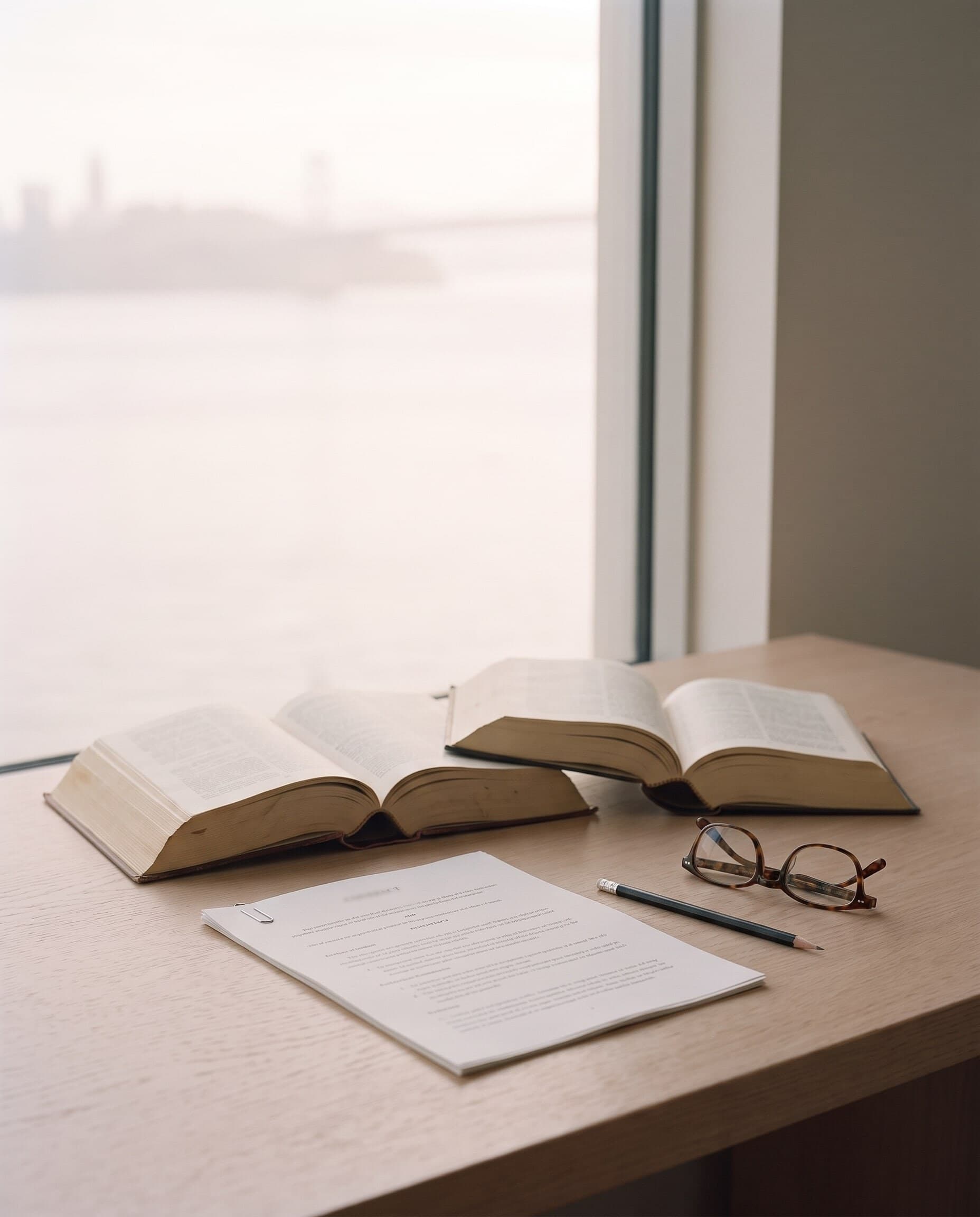 Zwei aufgeschlagene Nachschlagewerke, ein geheftetes Schriftstück, Bleistift und Lesebrille auf einem hellen Tisch am Fenster