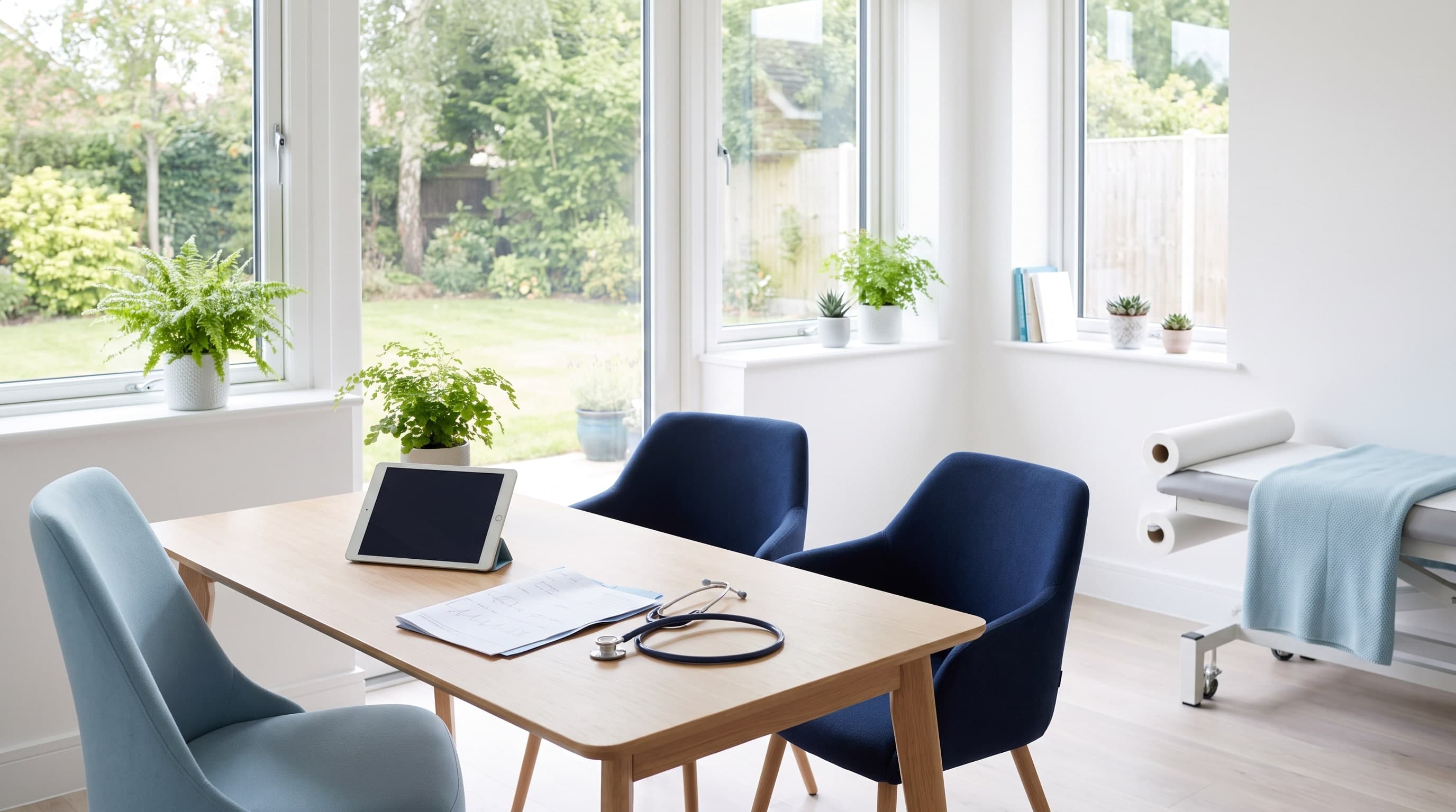Helles Sprechzimmer mit Untersuchungsliege und Blick ins Grüne (Symbolbild)
